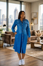 Load image into Gallery viewer, Midi Denim Long Sleeves Shirt Dress - lifestyle