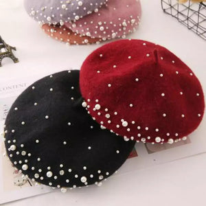 Studded Wool Beret with Pearls and Rhinestones