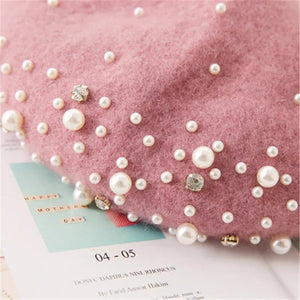 Studded Wool Beret with Pearls and Rhinestones