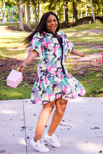 3 Quarter Lantern Sleeve Multicolored Skater Mini Dress