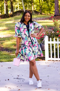 3 Quarter Lantern Sleeve Multicolored Skater Mini Dress