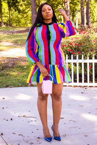 3 Quarter Lantern Sleeve Multicolored Skater Mini Dress